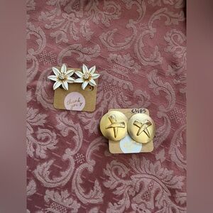 Gold Round Clip-On Earrings & White Floral Studs - Two Pair Set